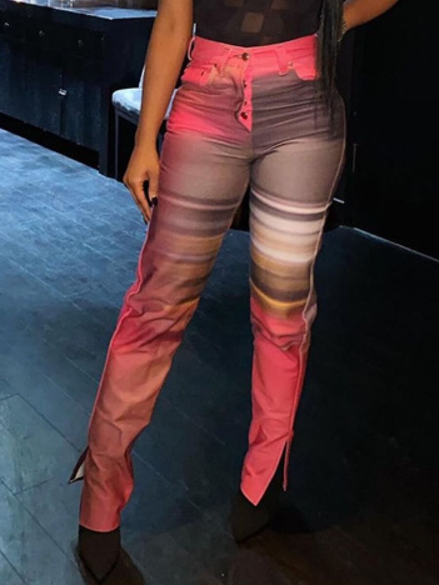 

Lovely Casual Print Side Slit Skinny Pink Pants