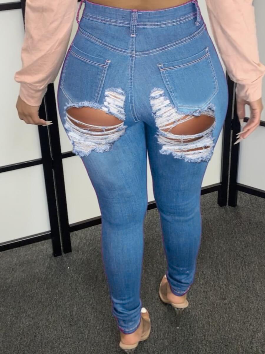 

Lovely Trendy Hollow-out Blue Jeans