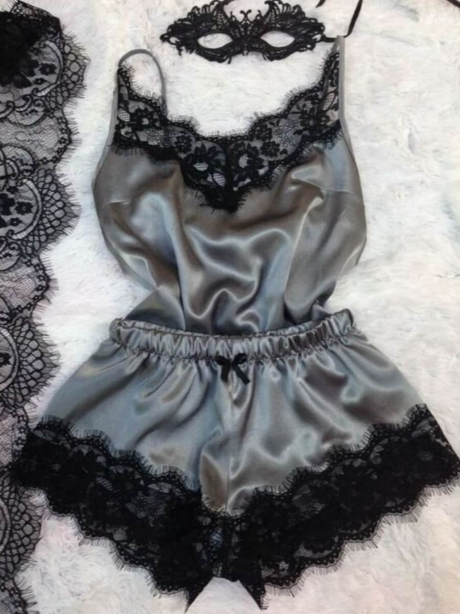 

Lovely Sexy Spaghetti Strap Lace Patchwork Dark Grey Sleepwear