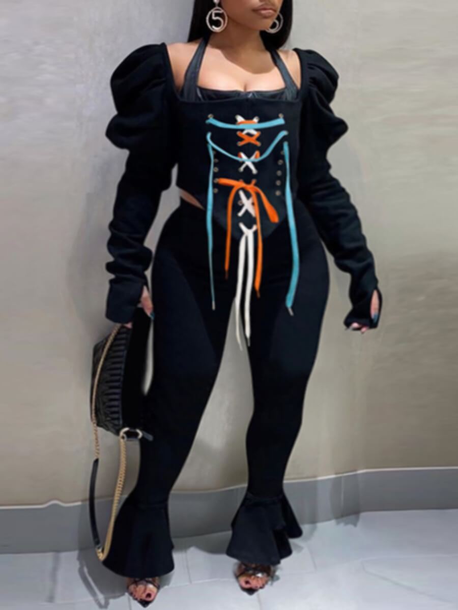 

Lovely Stylish Flared Bandage Design Black Two Piece Pants Set