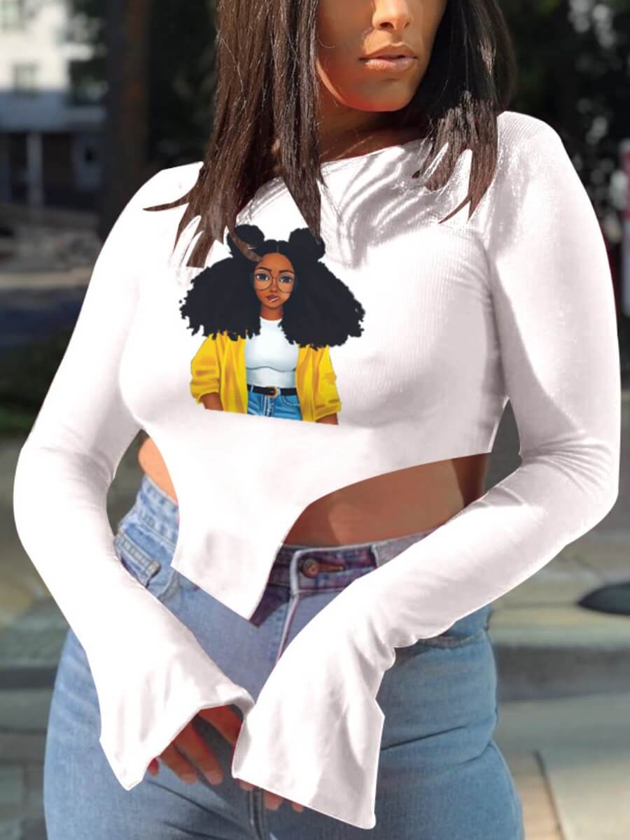 

LW Chic Portrait Print Asymmetrical White T-shirt