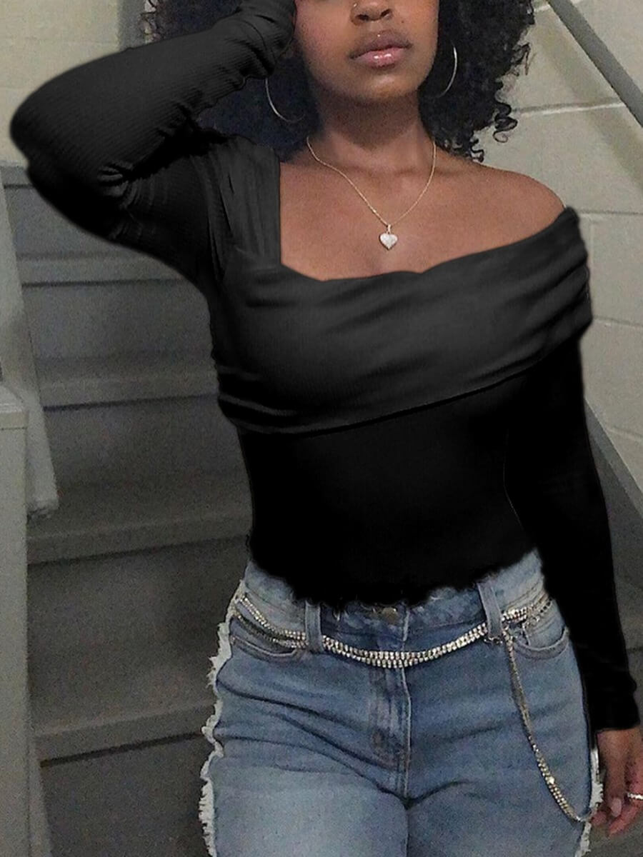 

Lovely Casual Boat Neck Flap Design Black T-shirt
