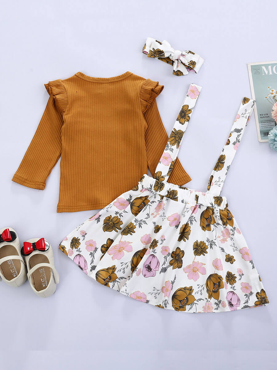 

Lovely Girl Trendy O Neck Floral Print Brown Two-piece Skirt Set