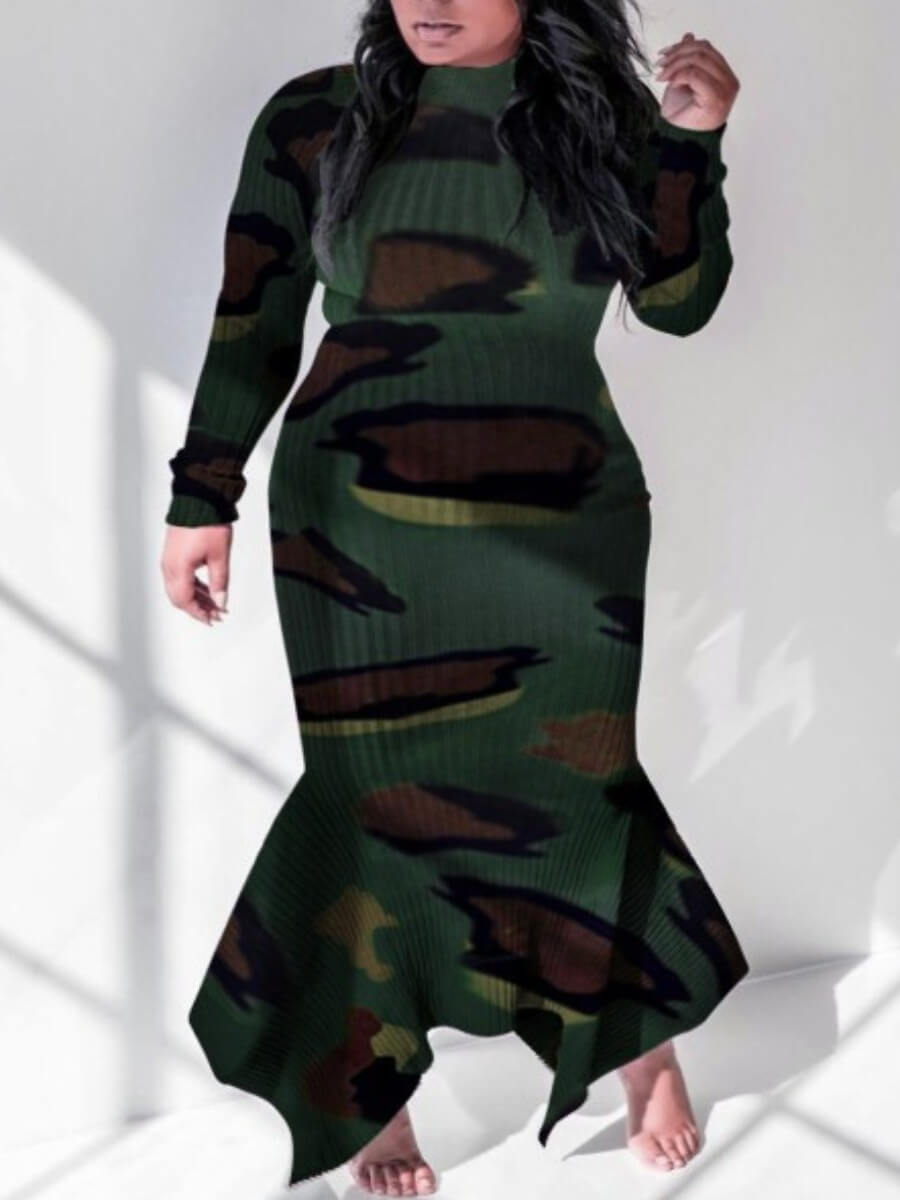 

Lovely Stylish Half A Turtleneck Camo Print Asymmetrical Ankle Length Plus Size Dress