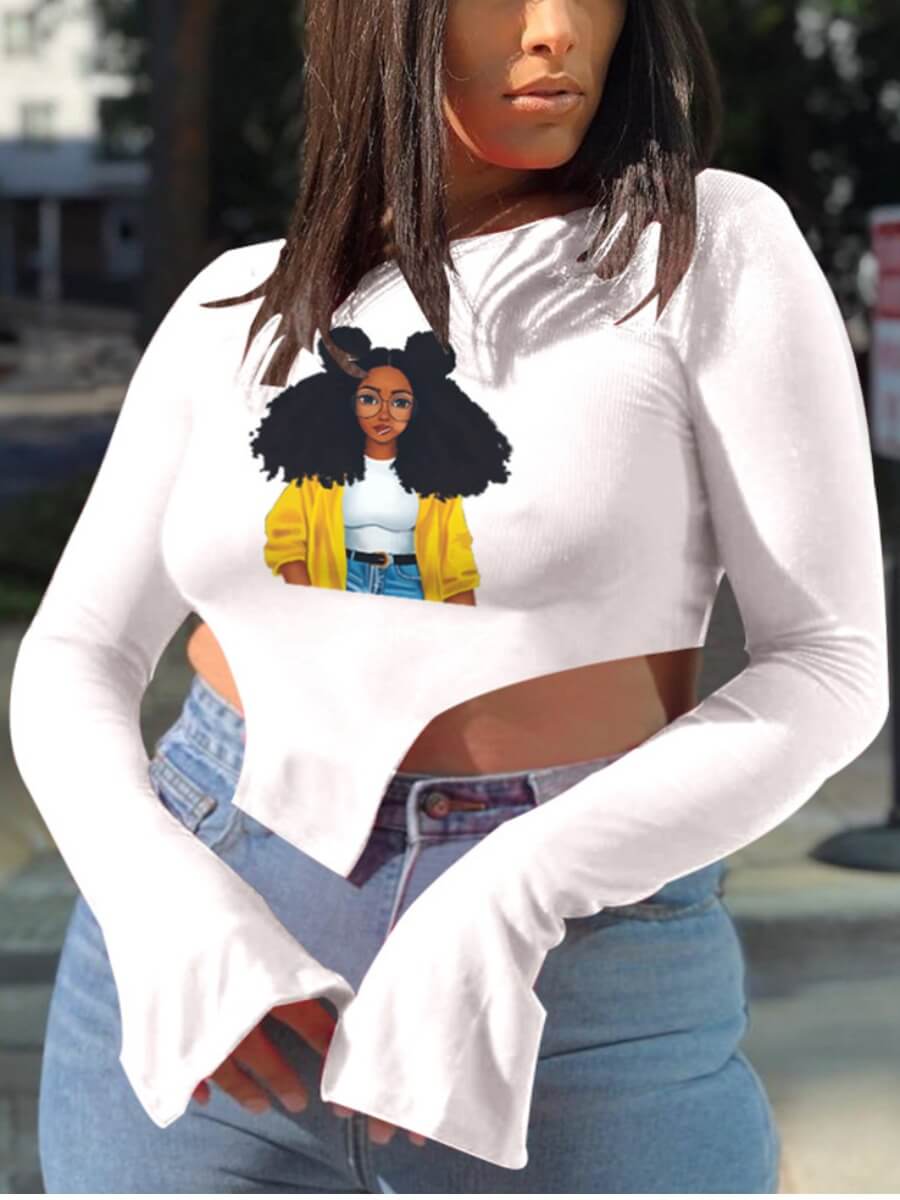 

Lovely Casual O Neck Print Asymmetrical White Plus Size T-shirt