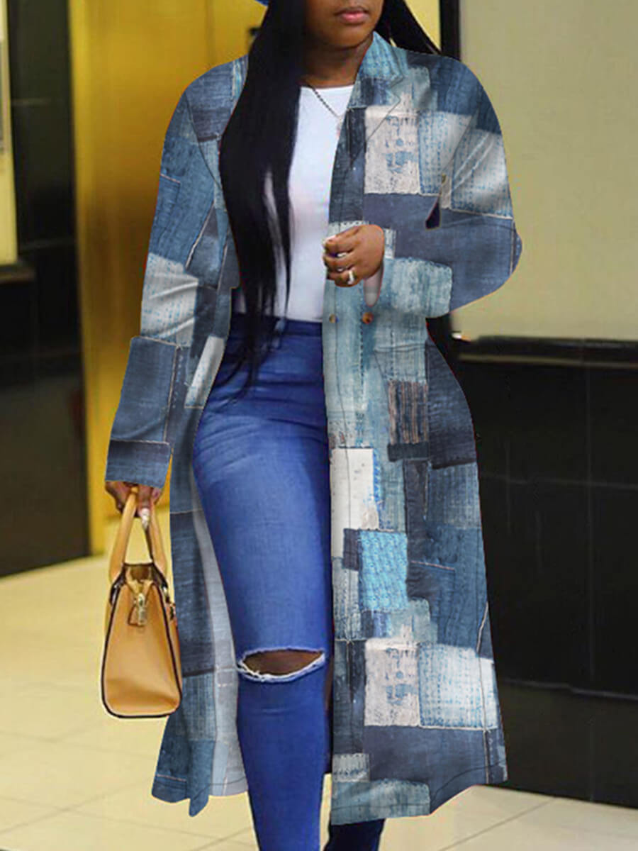 

Lovely Stylish Turndown Collar Print Grey Trench Coat