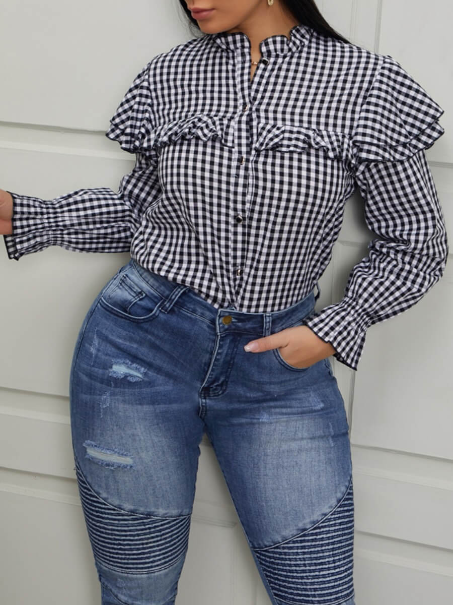 LW Stylish Grid Print Flounce Design Black And White Blouse