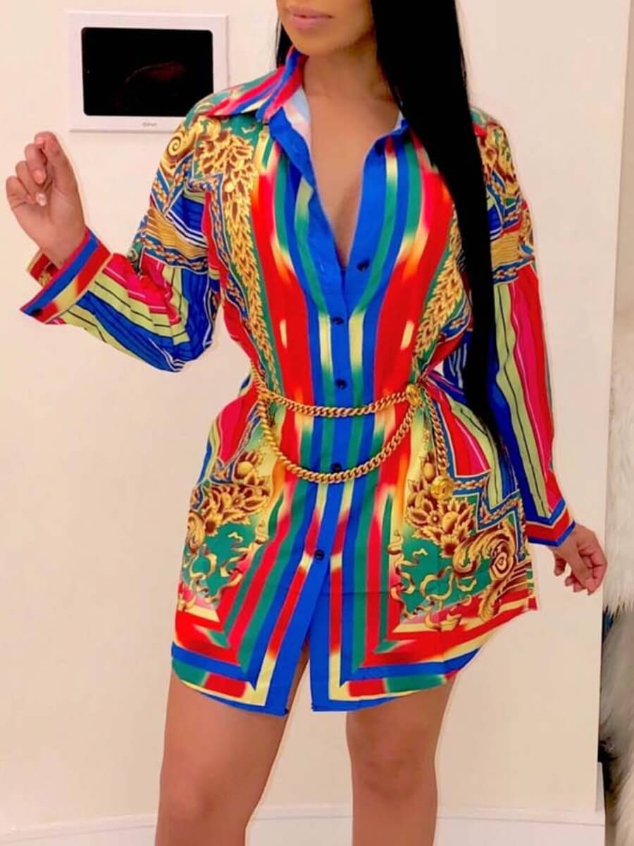 

Lovely Casual Shirt-sleeve Print Patchwork Blue Mini Shirt Dress
