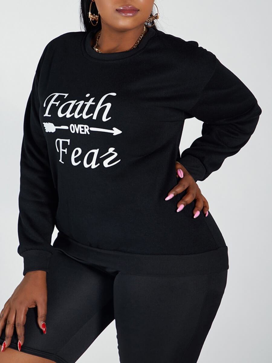 

Lovely Casual O Neck Letter Print Black Plus Size Hoodie