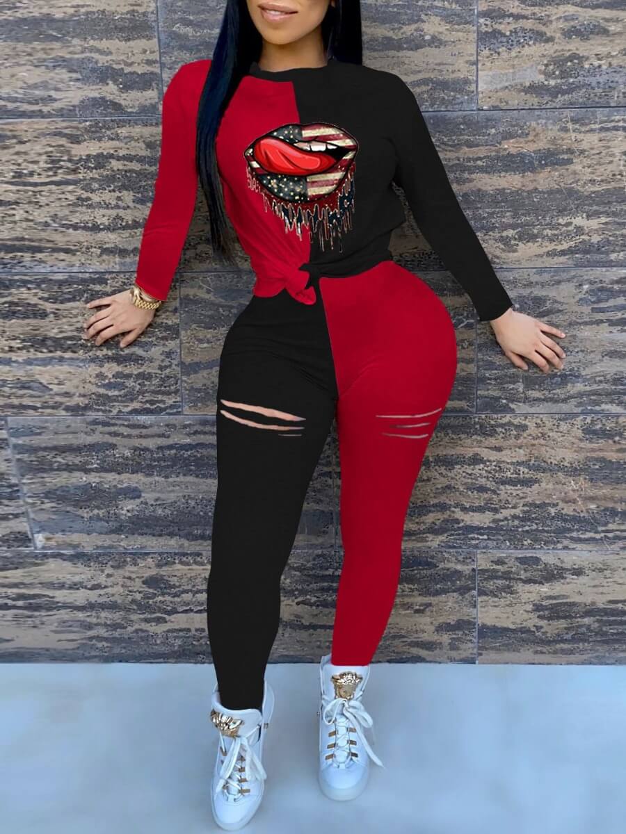 

Lovely Street Lip Print Stitching Red Two Piece Pants Set