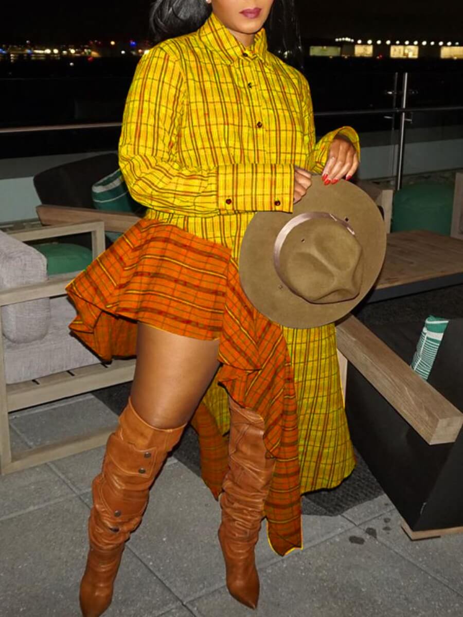 

Lovely Casual Plaid Print Asymmetrical Yellow Ankle Length Dress