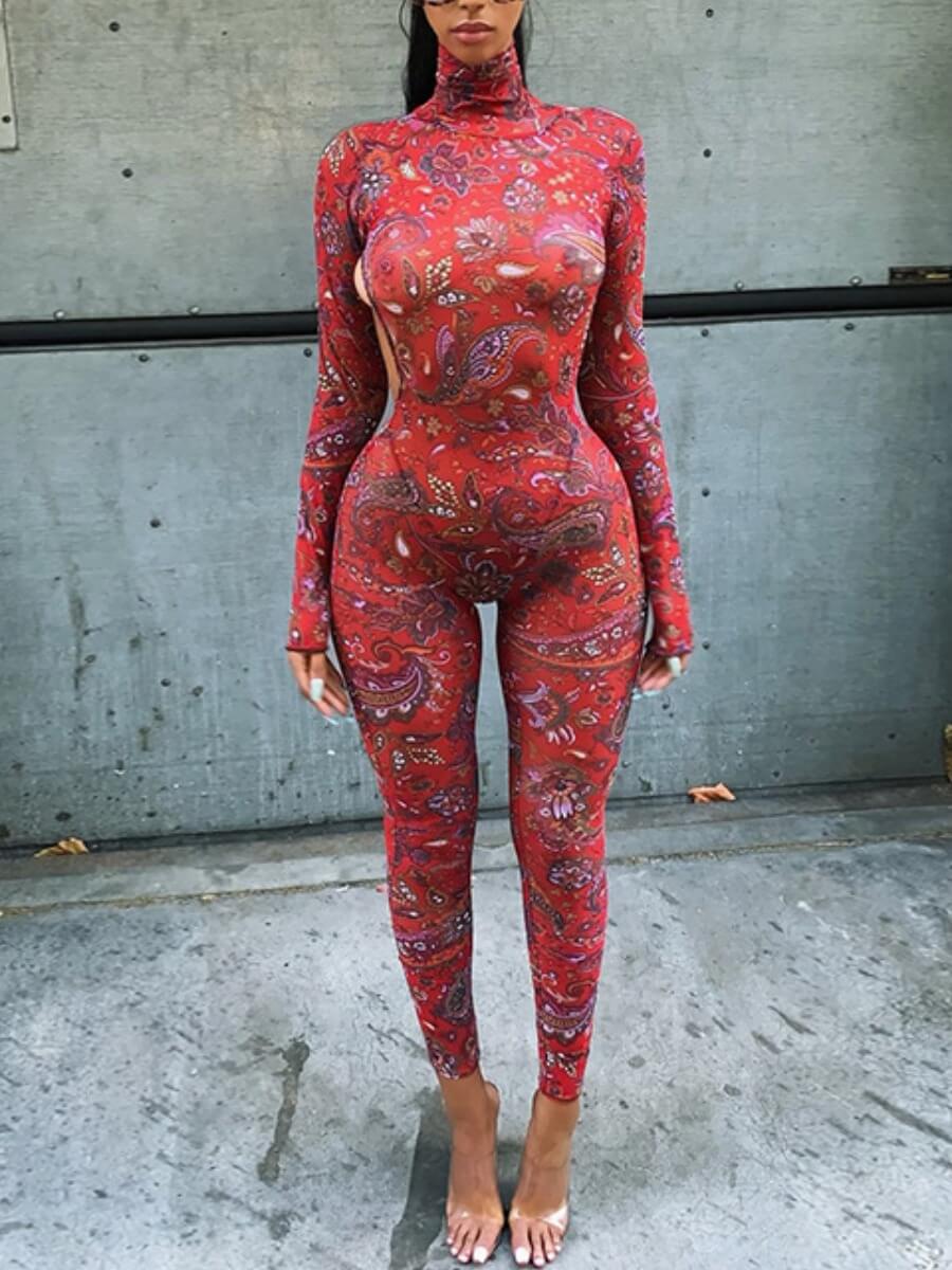 

Lovely Trendy Turtleneck Print Skinny Red One-piece Jumpsuit((With head hood