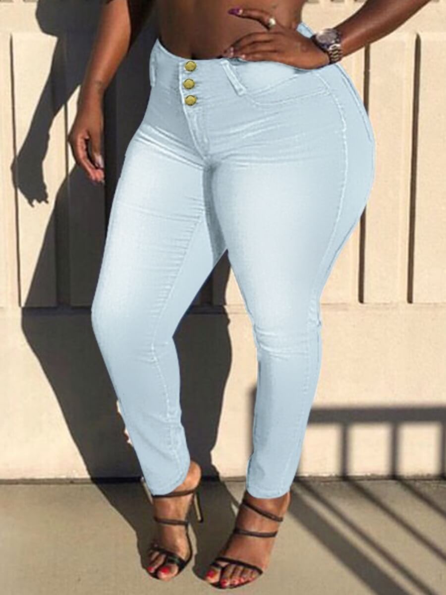 

Lovely Casual Buttons Design Baby Blue Plus Size Jeans