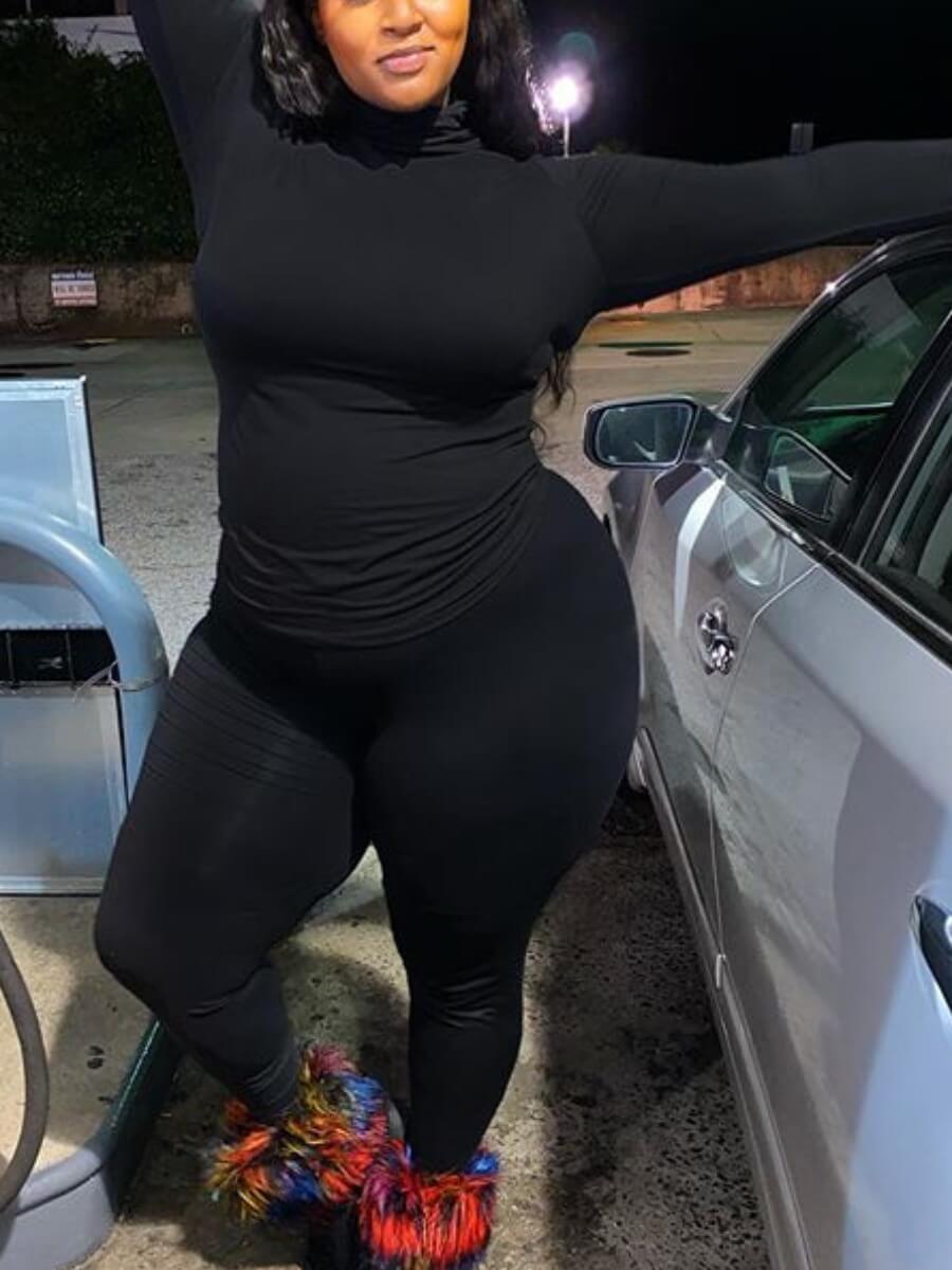 

Lovely Casual Turtleneck Basic Skinny Black Plus Size Two-piece Pants Set