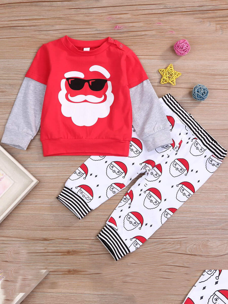 

Lovely Trendy O Neck Print Patchwork Red Boy Two-piece Pants Set