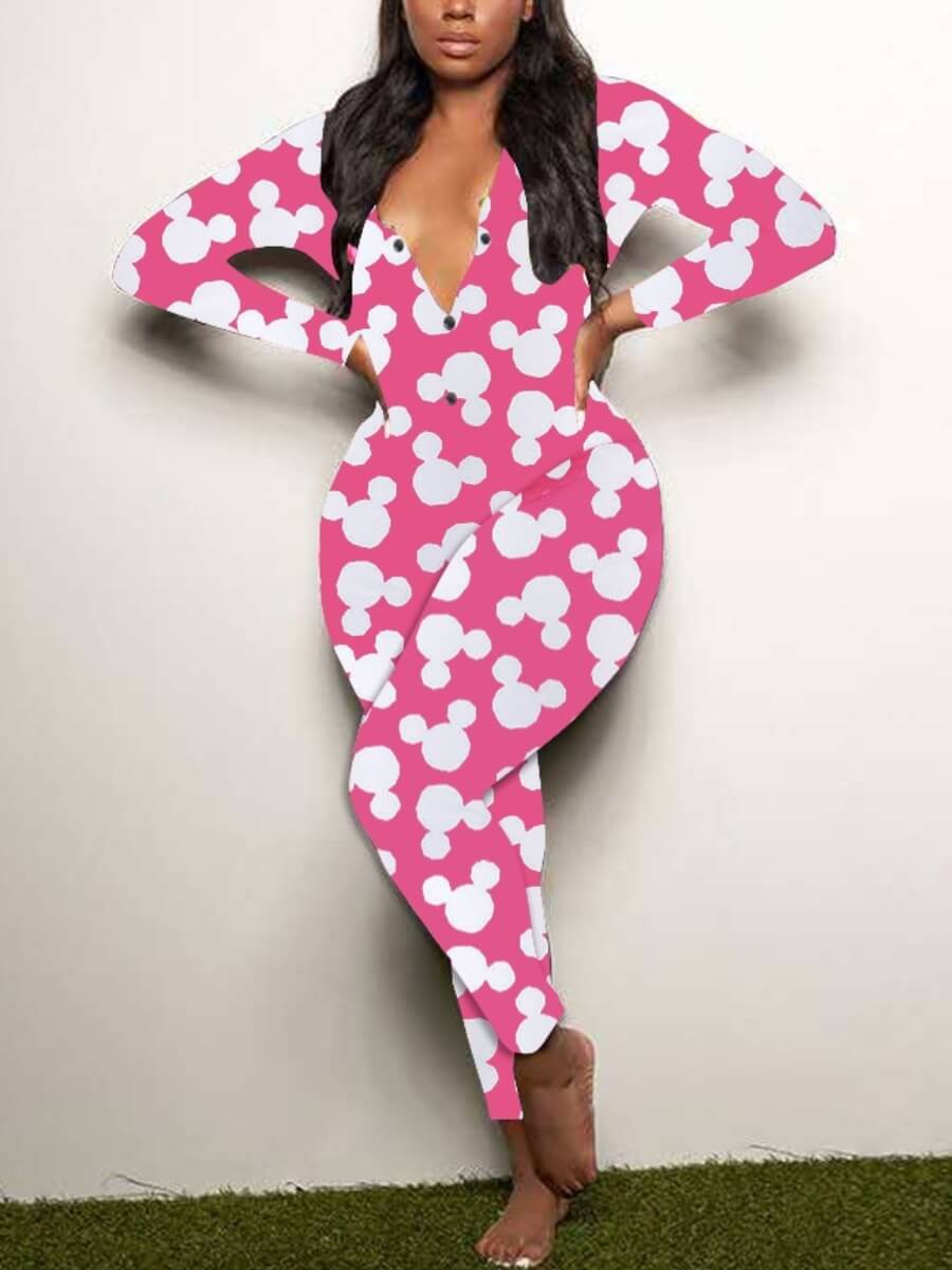 

Lovely Trendy V Neck Print Skinny Pink One-piece Jumpsuit
