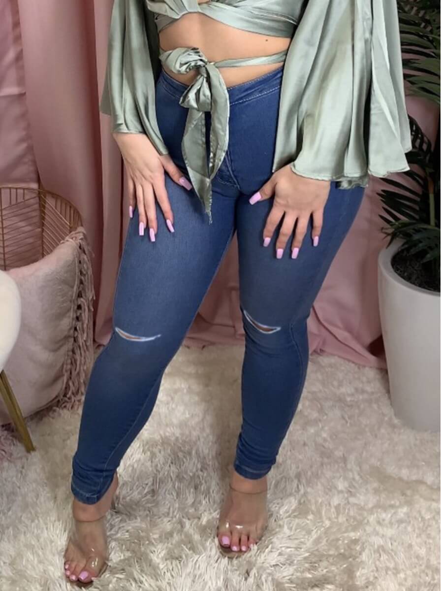 

Lovely Casual Broken Holes Skinny Deep Blue Jeans