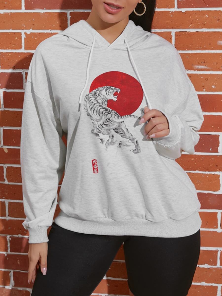 

Lovely Leisure Hooded Collar Print Grey Hoodie