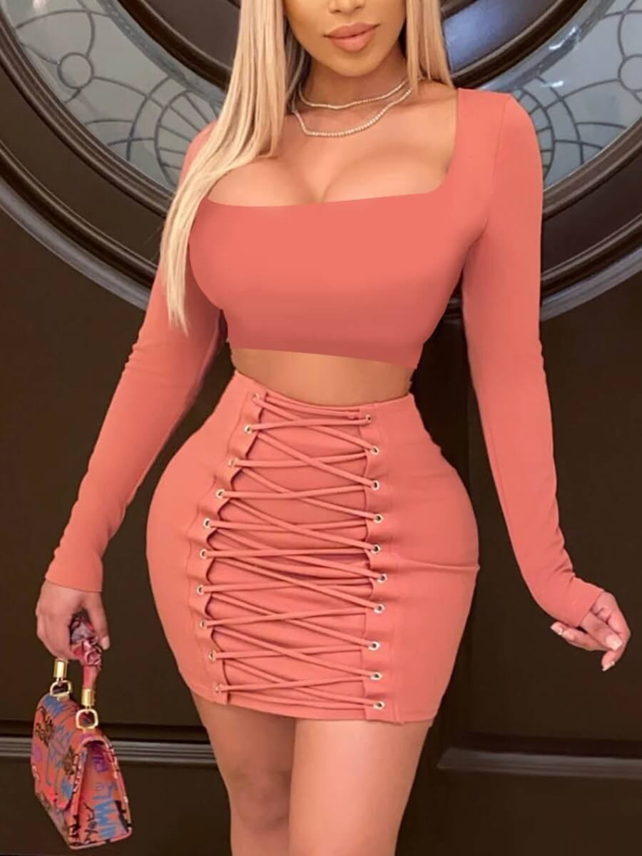 

LW Casual Square Collar Bandage Dark Pink Two Piece Skirt Set