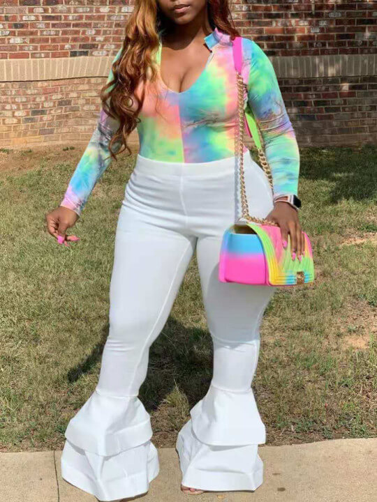 

LW BASICS Plus Size Street Flared Tie-dye Patchwork Multicolor Two-piece Pants Set, Multi