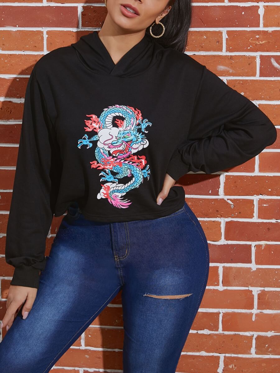 

Lovely Casual Hooded Collar Print Black Hoodie