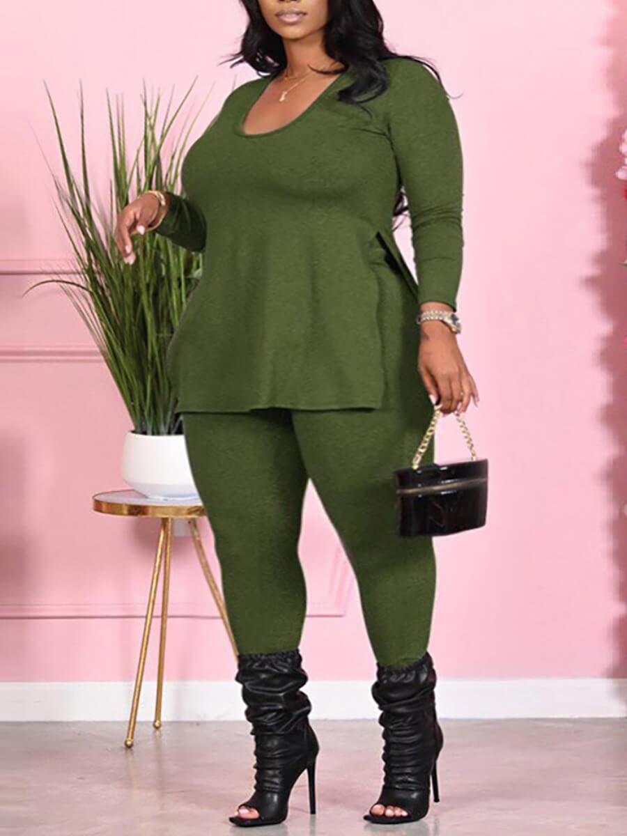 

Lovely Casual V Neck Long Sleeve Green Plus Size Two-piece Pants Set