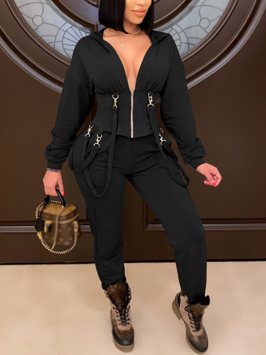 

Lovely Stylish Metal Accessories Decoration Black Two Piece Pants Set