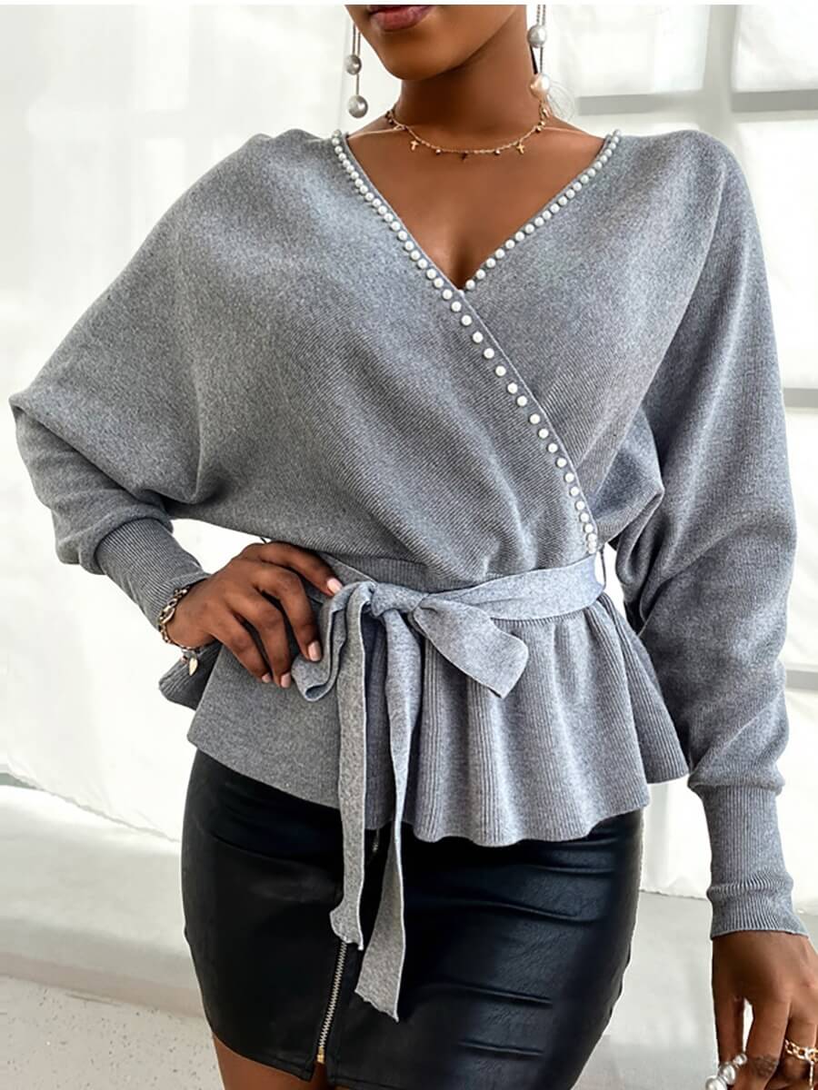 

Lovely Street Pearl Decorative Lace-up Cross-over Design Grey Sweater