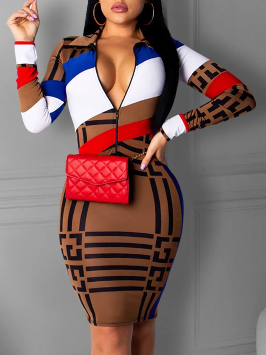 

Lovely Sportswear Geometric Print Striped Patchwork Coffee Knee Length Dress(Without Bag