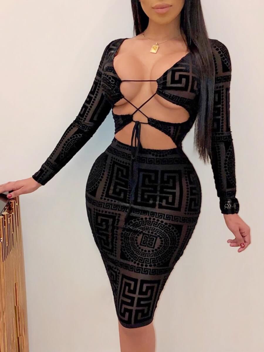 

Lovely Sexy Print Bandage Hollow-out Design Black Knee Length Dress