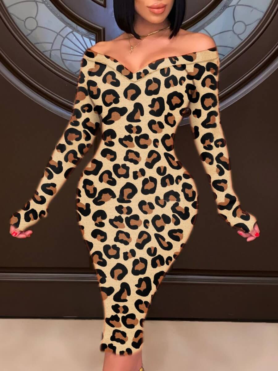 

Lovely Chic Bateau Neck Leopard Print Brown Mid Calf Dress