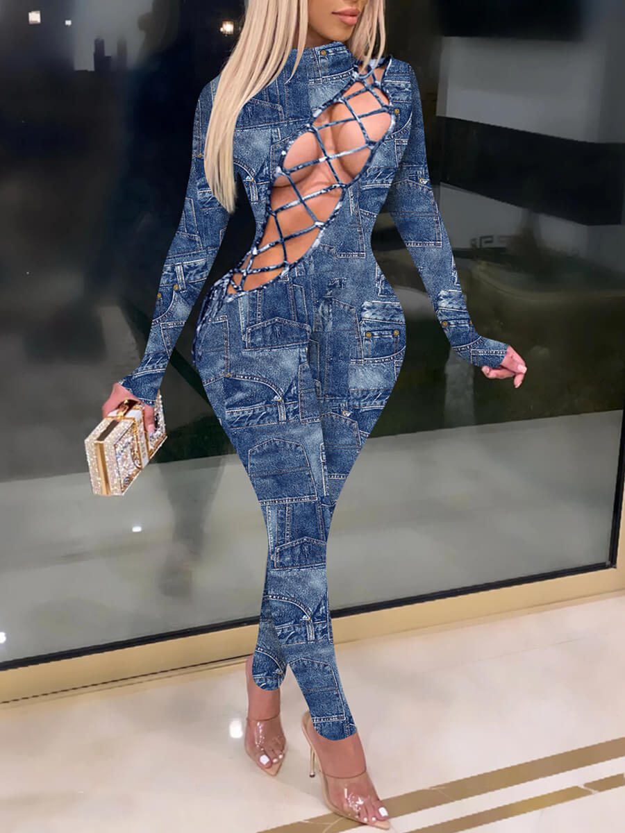 

Lovely Stylish Turtleneck Print Bandage Design Blue One-piece Jumpsuit