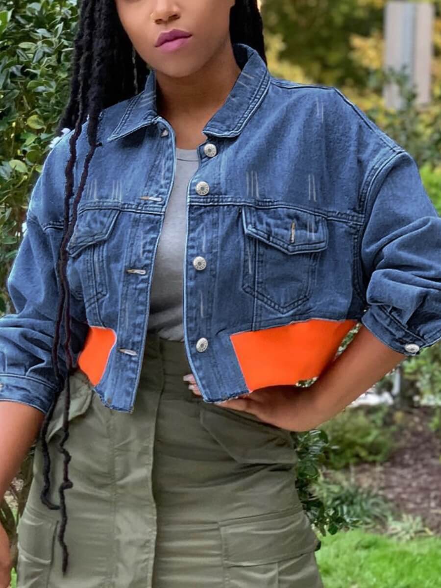 

Lovely Casual Button Design Patchwork Deep Blue Denim Jacket