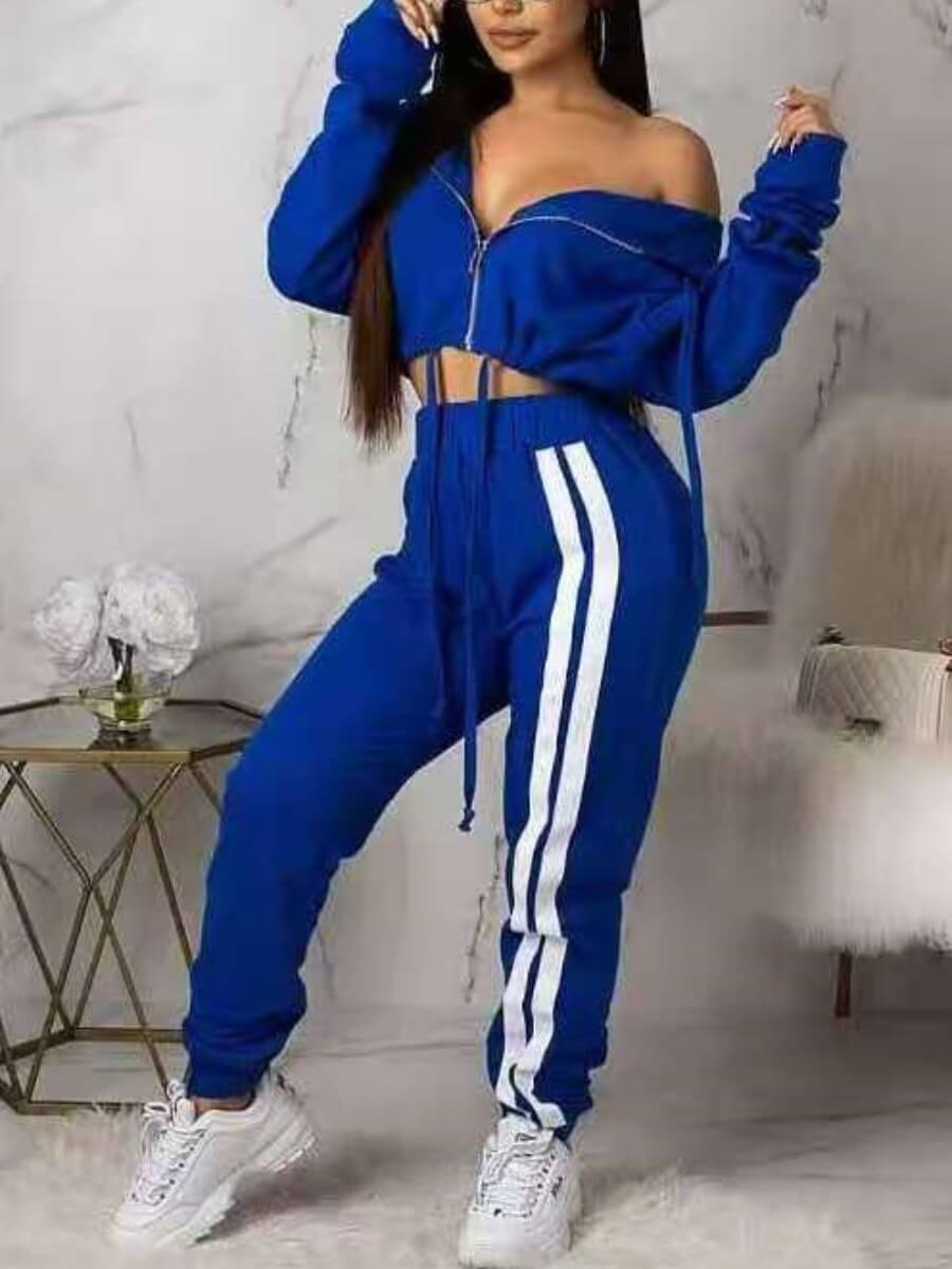 

Lovely Sportswear Striped Patchwork Drawstring Blue Two Piece Pants Set