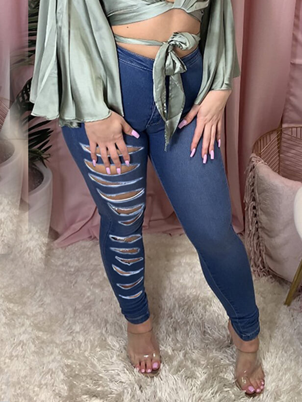 

Lovely Trendy High-waisted Ripped Deep Blue Jeans