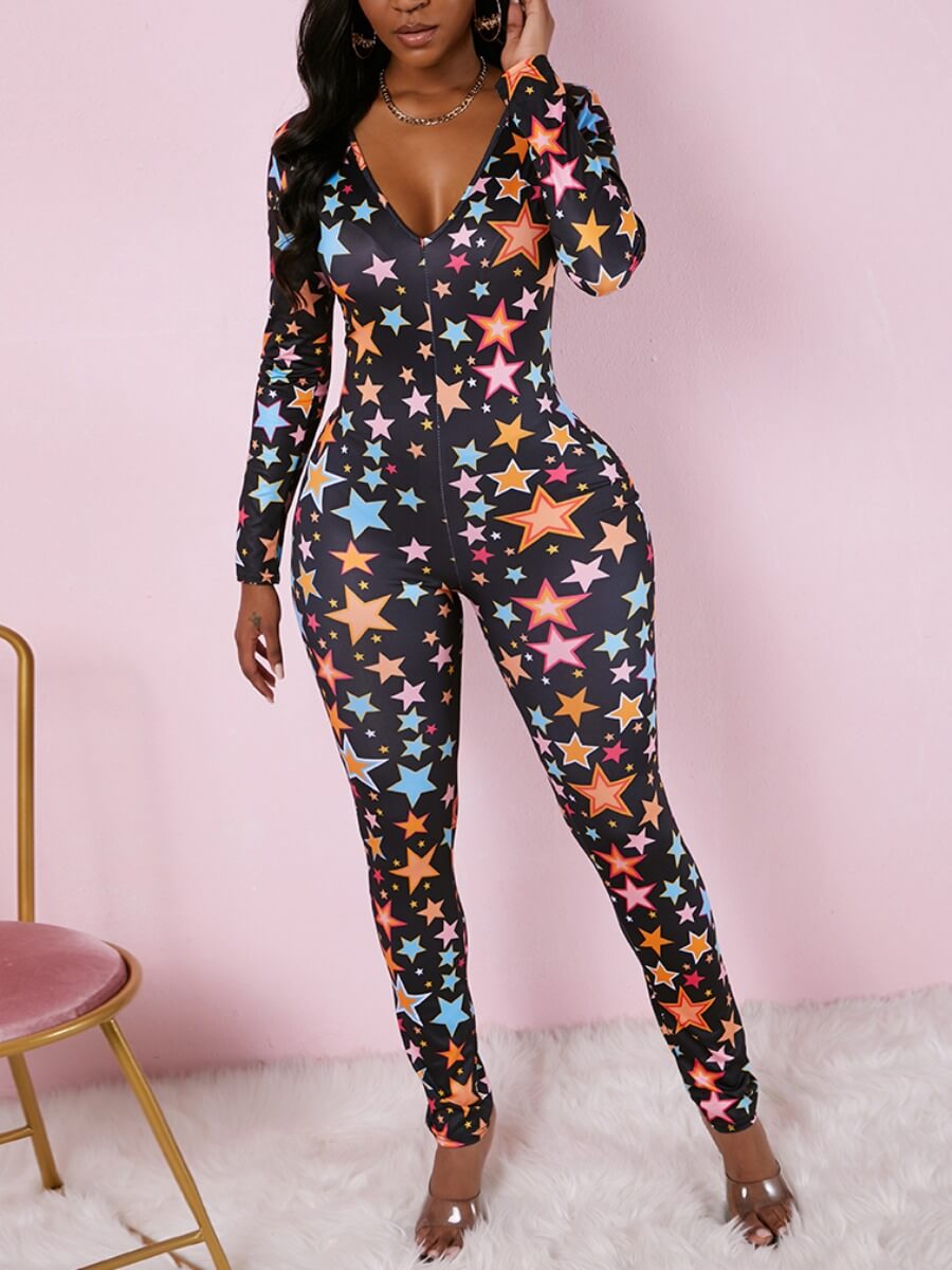 

Lovely Sweet Christmas Day Star Print Patchwork Black One-piece Jumpsuit