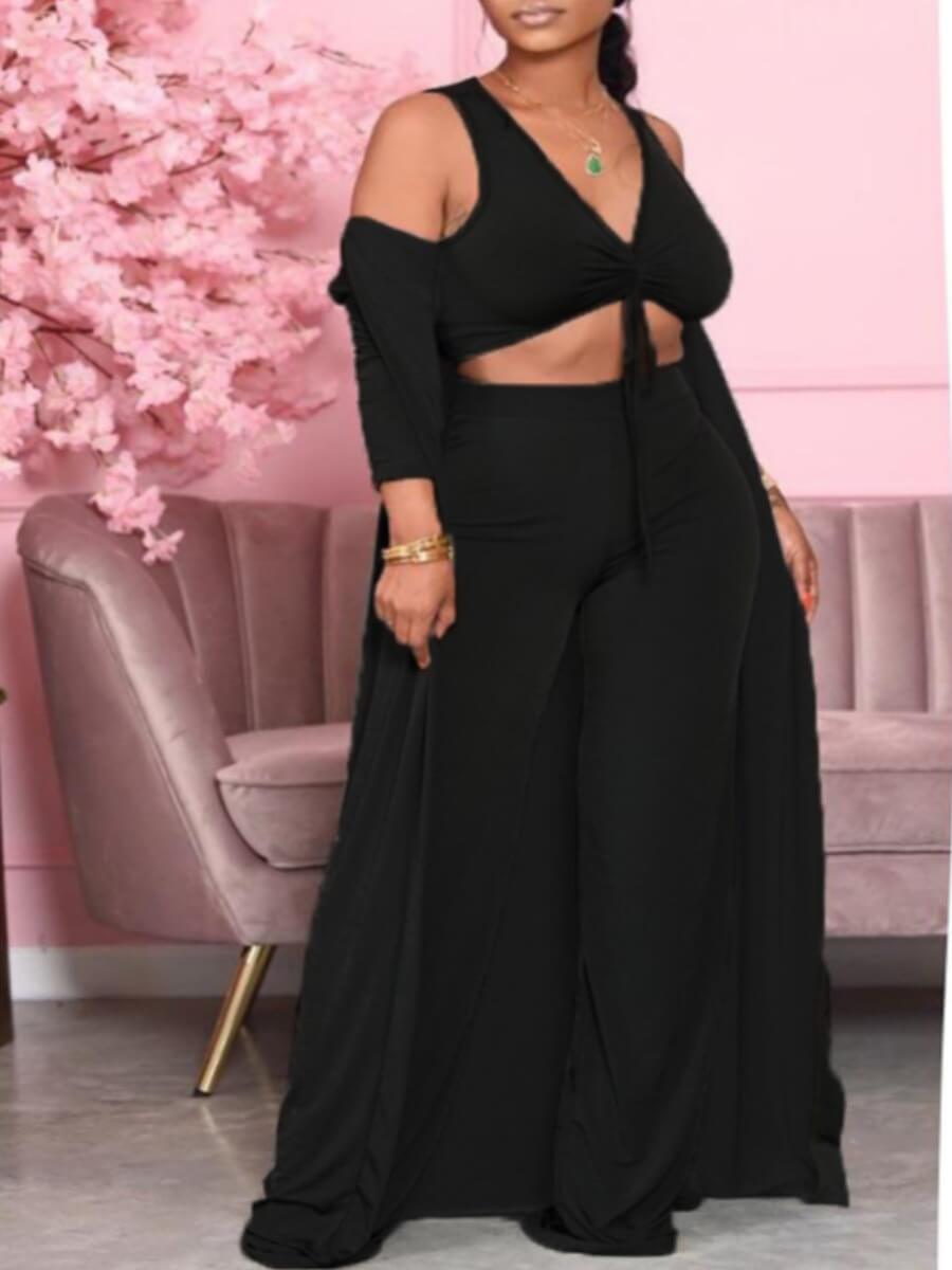 

Lovely Sweet V Neck Knot Design Black Three Piece Pants Set