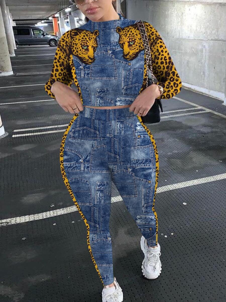 

Lovely Street Leopard Print Patchwork Yellow Two Piece Pants Set