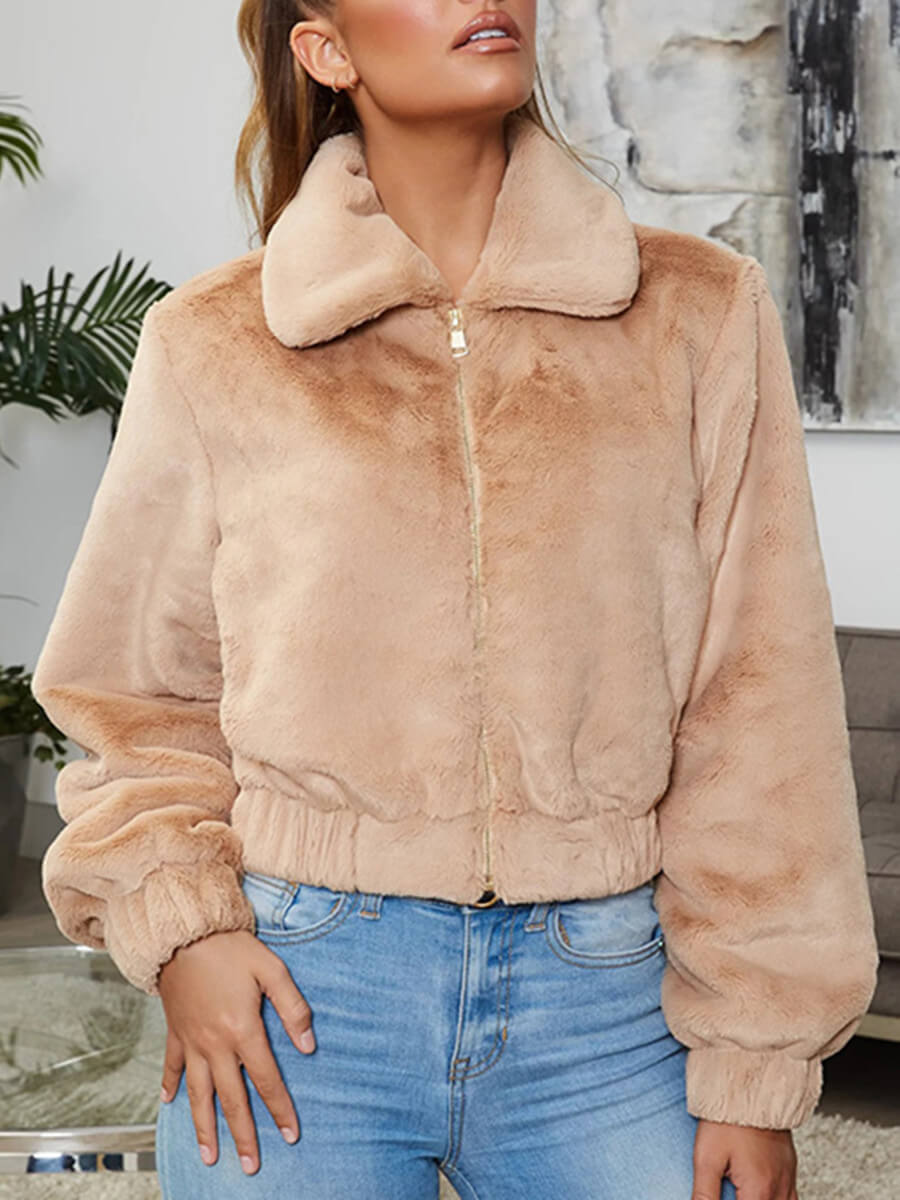 

Lovely Casual Turndown Collar Zipper Design Coffee Faux Fur
