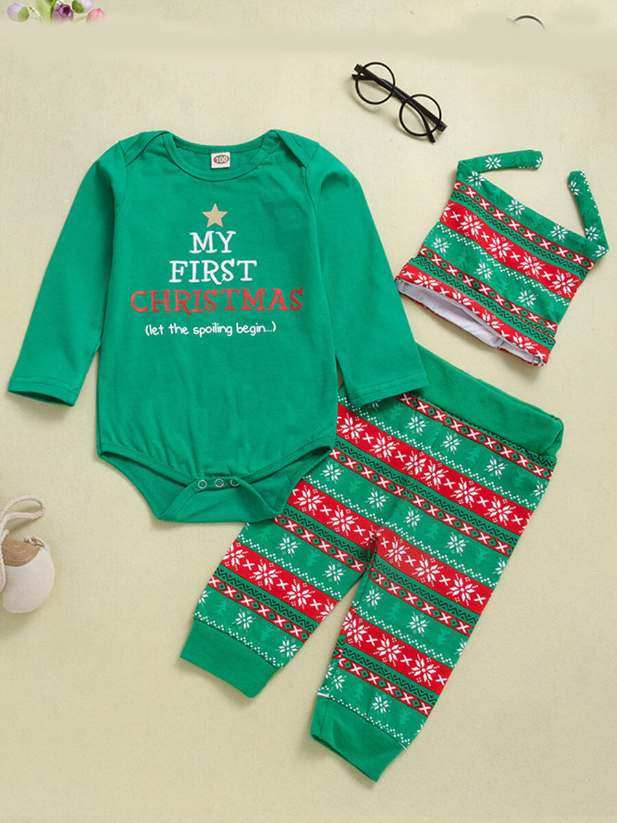 

Lovely Casual Christmas Day Letter Print Green Boy Two Piece Pants Set