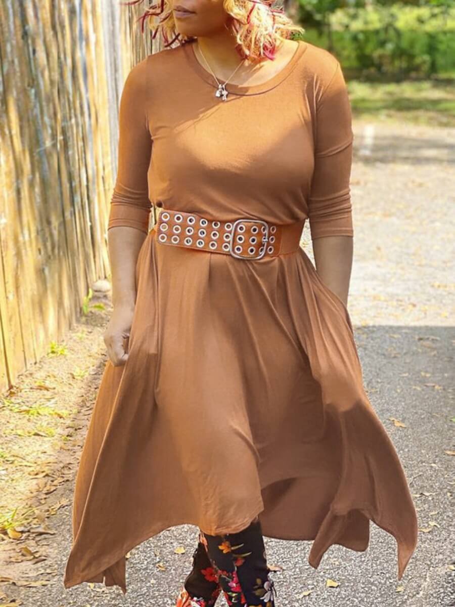 

Lovely Casual Pocket Design Loose Brown Ankle Length A Line Plus Size Dress(Without Belt
