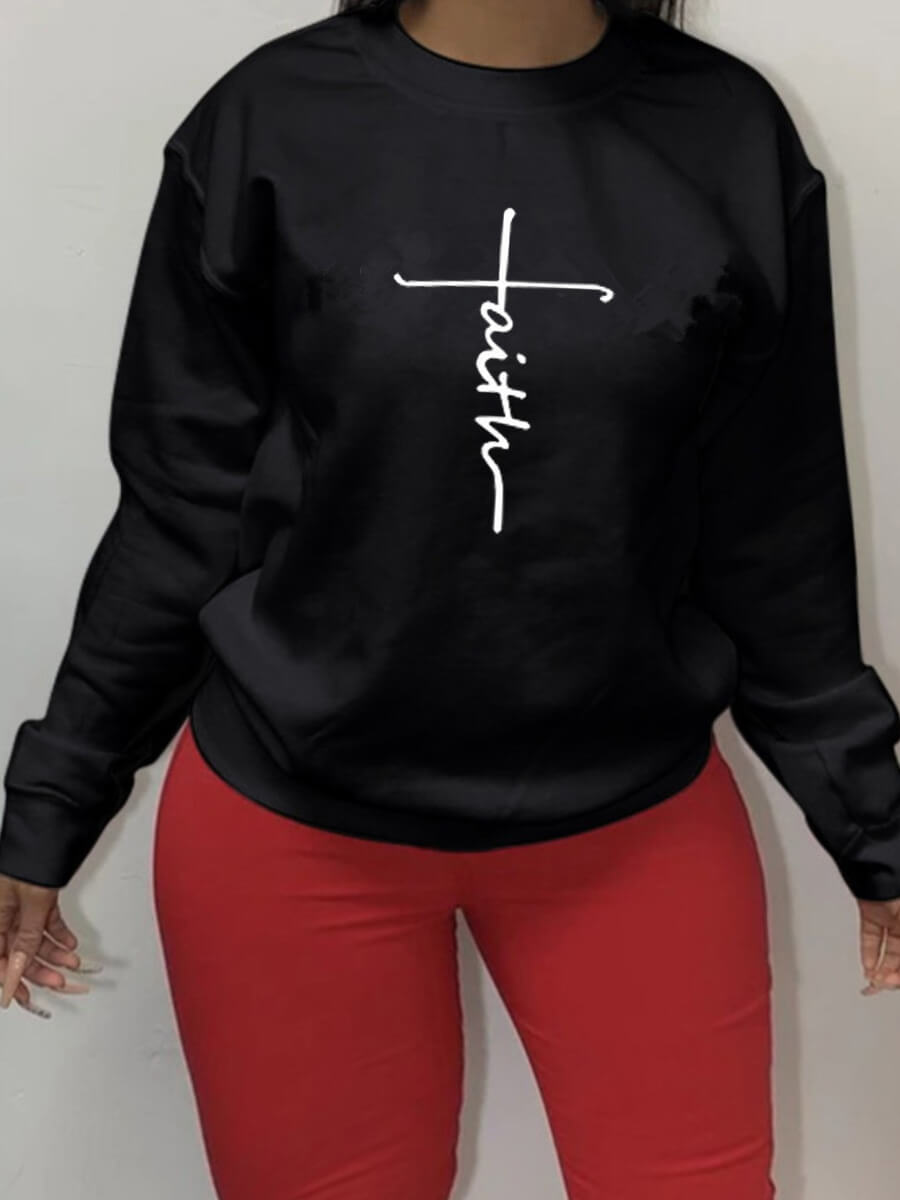 

Lovely Casual O Neck Letter Print Black Plus Size Hoodie