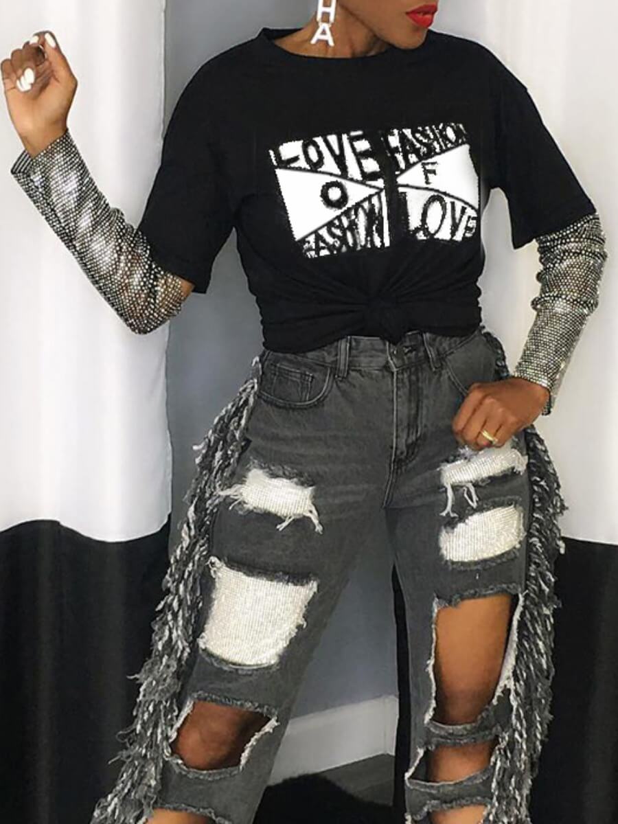 

LW SXY Casual Letter Print Sequined Mesh Patchwork Black T-shirt