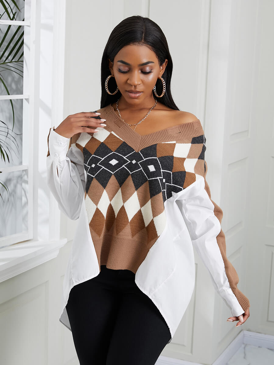 

Lovely Stylish V Neck Geometric Print Khaki Sweater