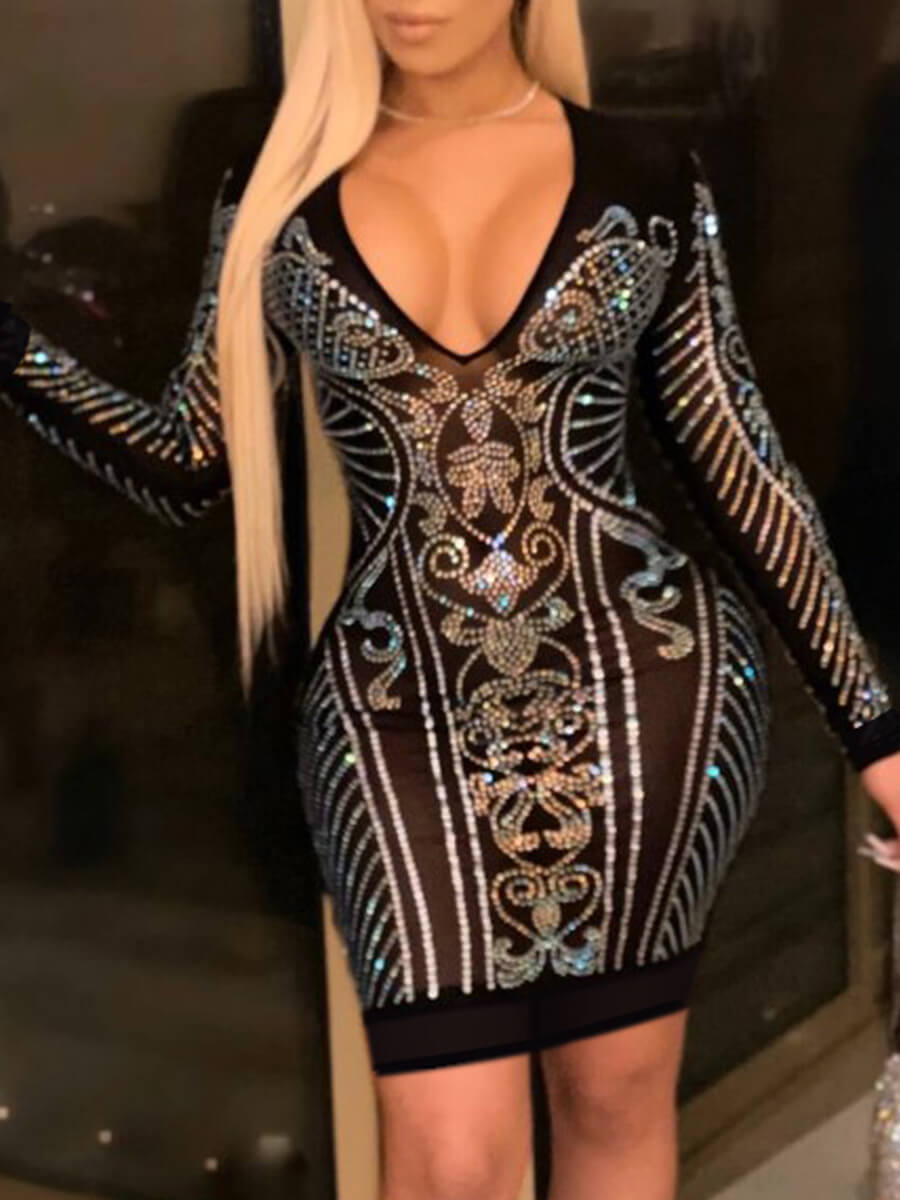 

LW SXY V Neck Hot Drilling Decorative Bodycon Dress, Black