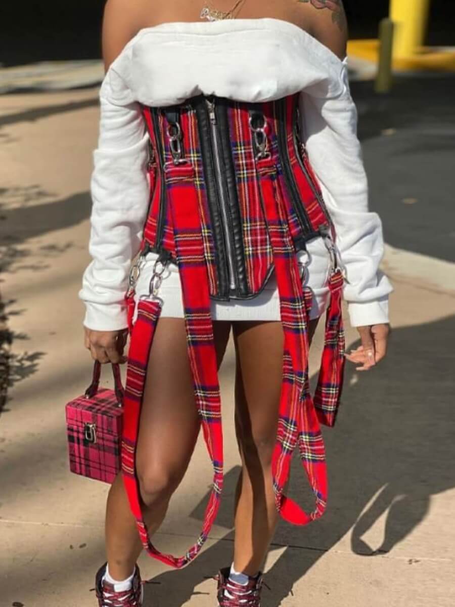 

Lovely Stylish Grid Print Zipper Design Red Bustiers