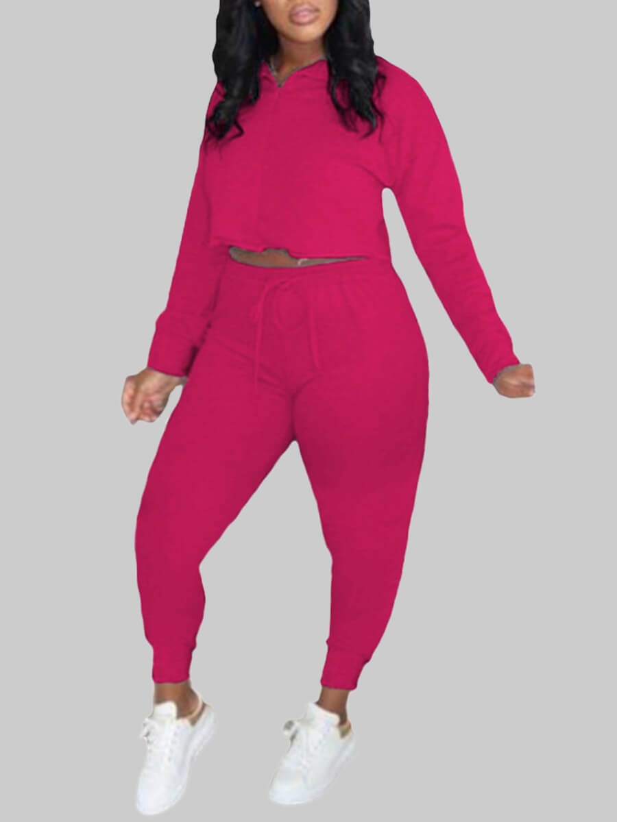 

Lovely Sweet Mandarin Collar Drawstring Rose Red Plus Size Two-piece Pants Set