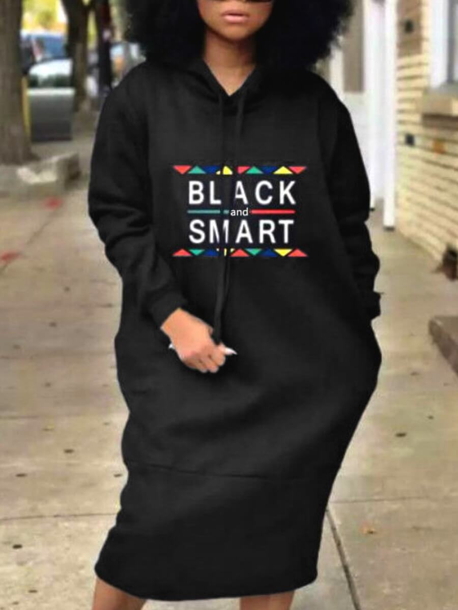 

Lovely Casual Hooded Collar Letter Print Black Mid Calf Plus Size Dress