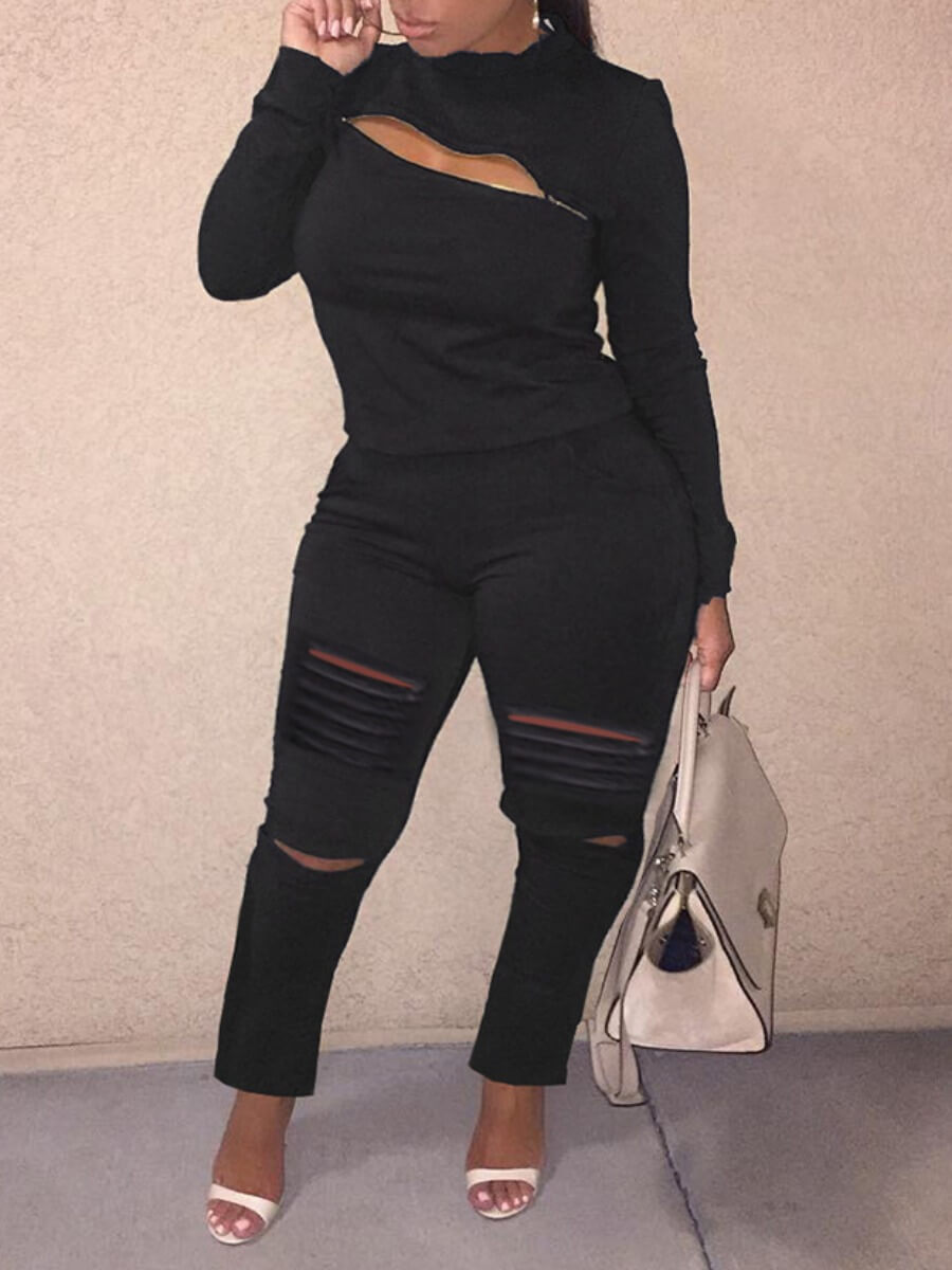 

Lovely Casual Ripped Zipper Design Black Plus Size Two-piece Pants Set