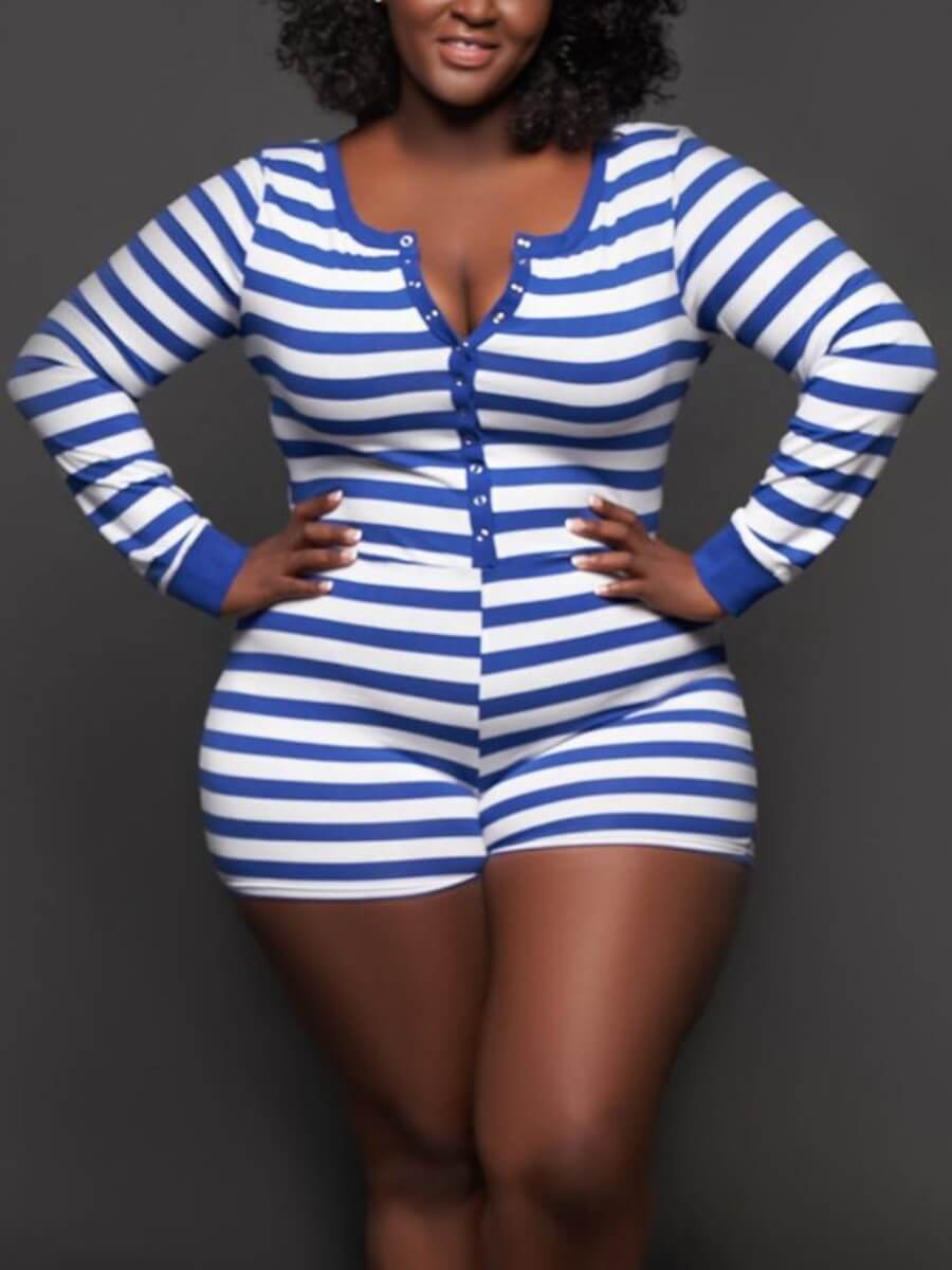 

Lovely Street Patchwork Blue Stripe Plus Size One-piece Romper